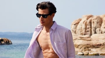 Model Jonas Mason sports a lilac-colored linen shirt for Eton's spring-summer 2023 campaign.