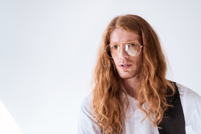 Male Model Red Hair Long Wavy Hair Aviator Style Glasses Round » The Art of Matching Glasses to Your Curls Male Model Red Hair Long Wavy Hair Aviator Style Glasses Round