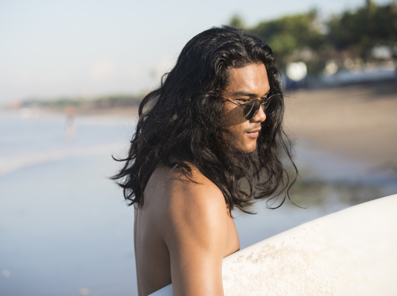 Man Long Wavy Hair Beach Shirtless Sunglasses