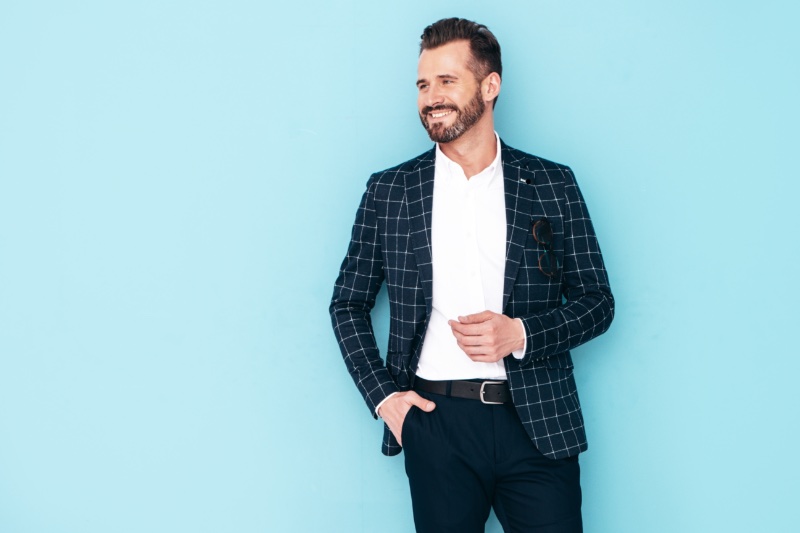 Man Smiling White Shirt Windowpane Blazer Slacks » Slacks: The Essential Men's Wardrobe Staple Man Smiling White Shirt Windowpane Blazer Slacks