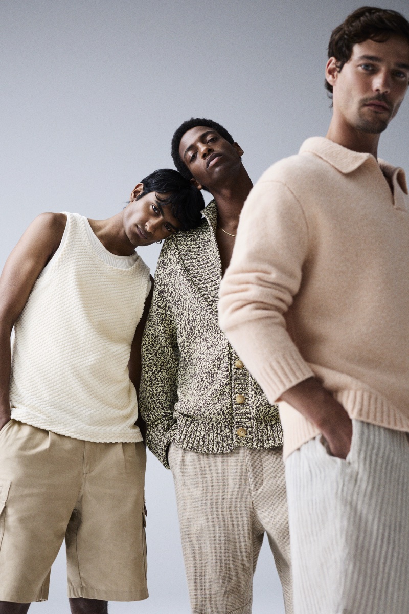 Models Rishi Robin, Claudio Tibunga, and Jorge Roman model knitwear from Mytheresa.