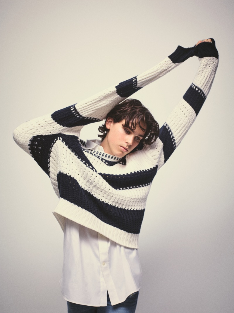Paris Brosnan Striped Knit Sweater Tommy Hilfiger Classics Reborn Campaign 2023