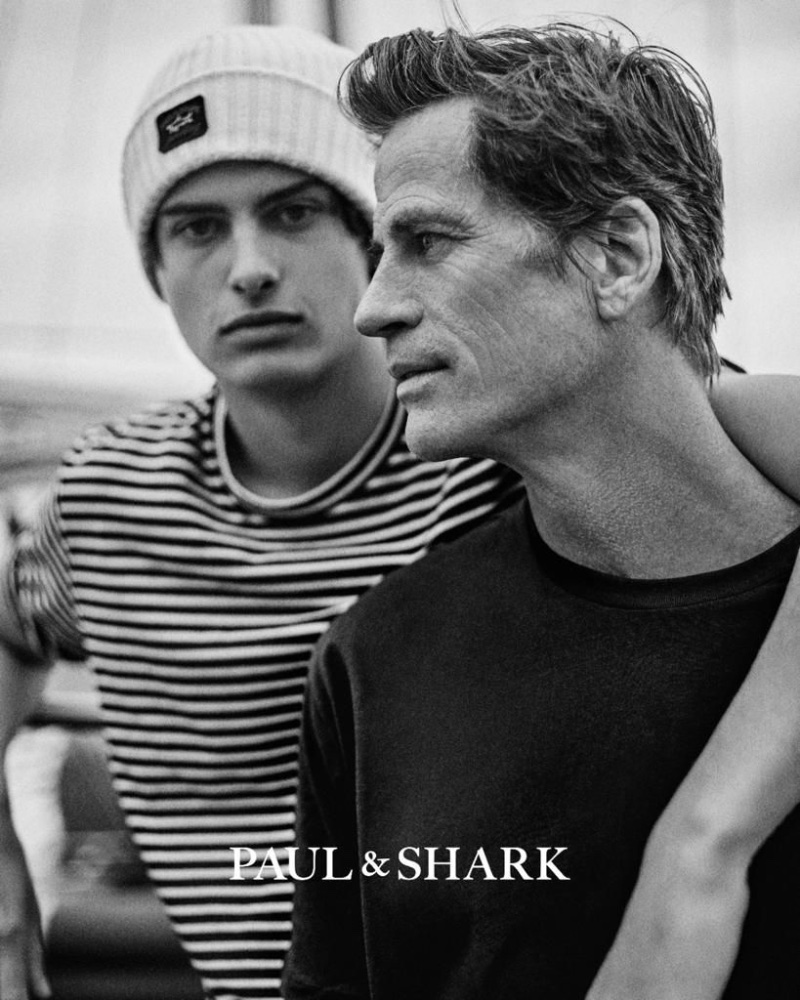 Giampaolo Sgura captures a black-and-white photo of Mark Vanderloo Jr. and Mark Vanderloo for Paul & Shark's spring-summer 2023 campaign.