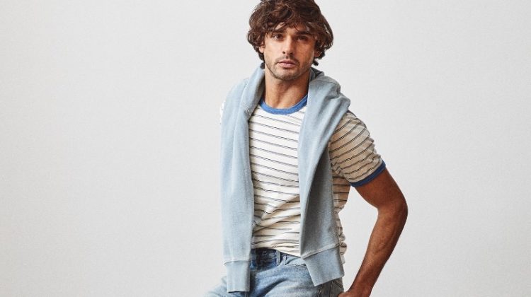 Step up your spring wardrobe with Todd Snyder's essentials, including the stylish jacquard stripe ringer tee and the versatile slim-fit stretch jeans in a faded wash.