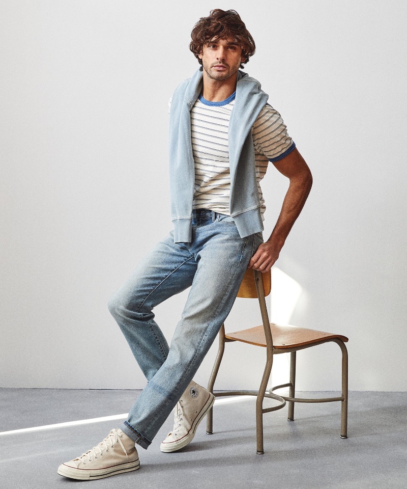 Step up your spring wardrobe with Todd Snyder's essentials, including the stylish jacquard stripe ringer tee and the versatile slim-fit stretch jeans in a faded wash.