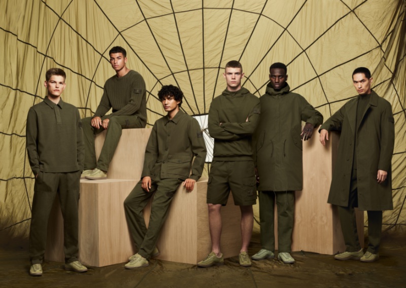 Stone Island embraces military green for monochrome ensembles as part of its Ghost Pieces collection for spring-summer 2023. 