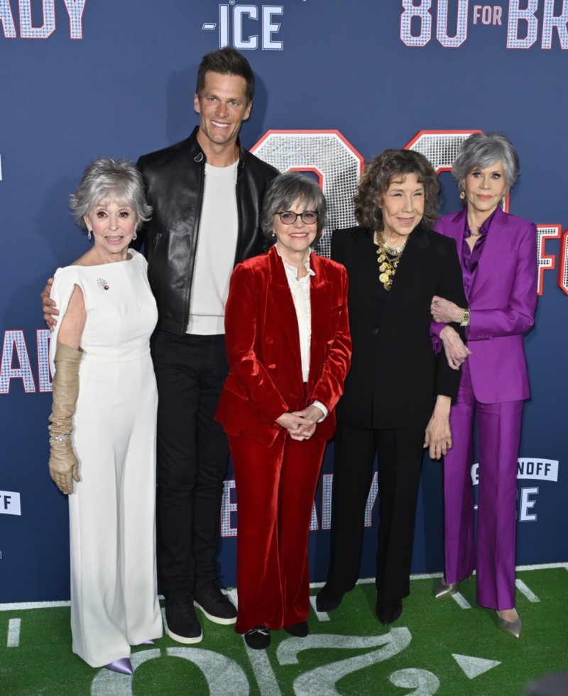 Tom Brady poses with actors Rita Moreno, Sally Field, Lily Tomlin, and Jane Fonda at the Los Angeles premiere of 80 for Brady.