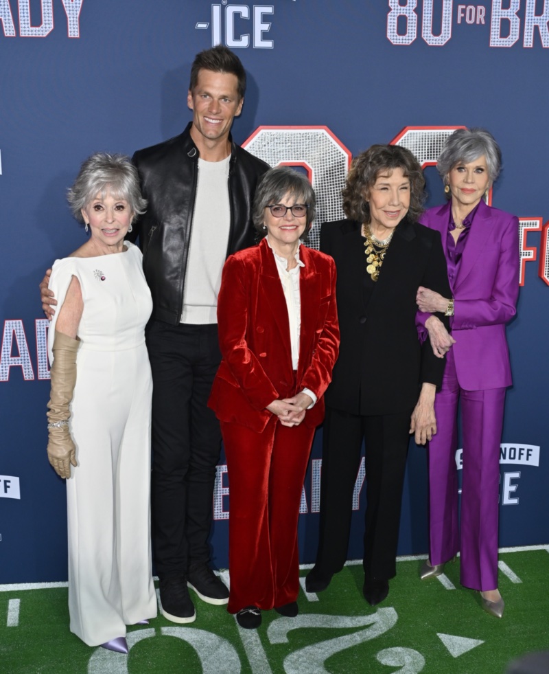 Tom Brady poses with actors Rita Moreno, Sally Field, Lily Tomlin, and Jane Fonda at the Los Angeles premiere of 80 for Brady. » Tom²: Tom Brady Sports Tom Ford at 80 for Brady Premiere Tom Brady poses with actors Rita Moreno, Sally Field, Lily Tomlin, and Jane Fonda at the Los Angeles premiere of 80 for Brady.