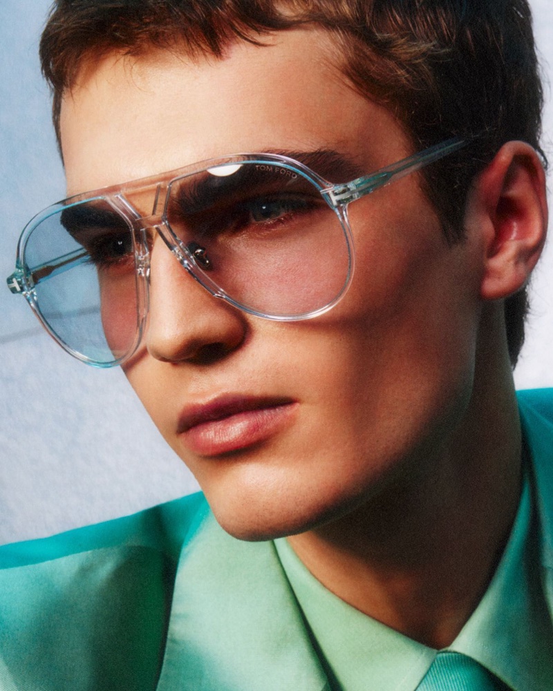 Lars Jammaers makes a statement in oversized clear framed sunglasses by Tom Ford.
