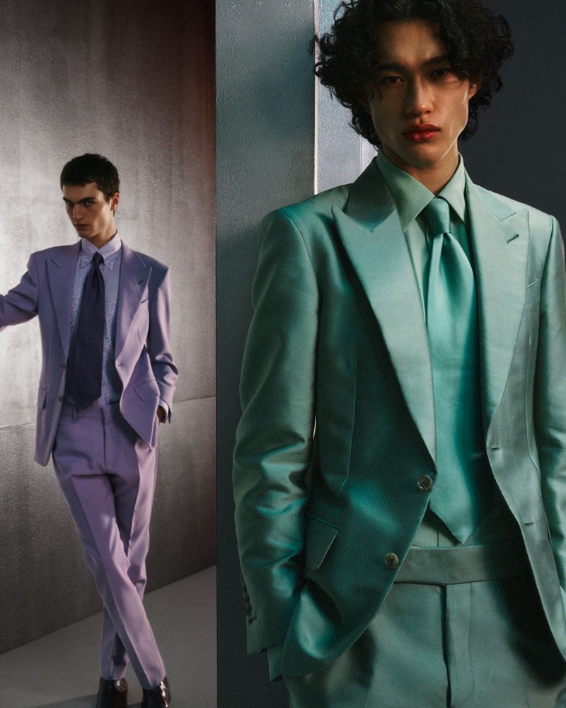 Models Lars Jammaers and Mathieu Simoneau don colorful suits from Tom Ford.