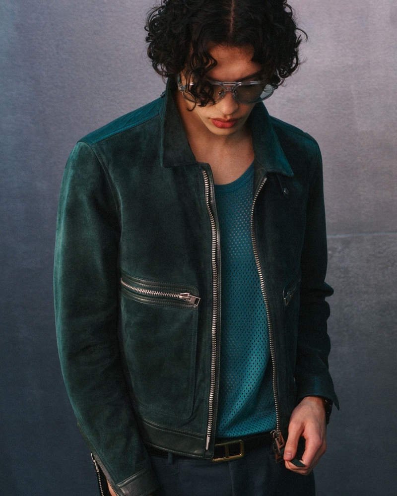 Tom Ford gravitates towards jewel tones once more for must-have menswear like a suede jacket.