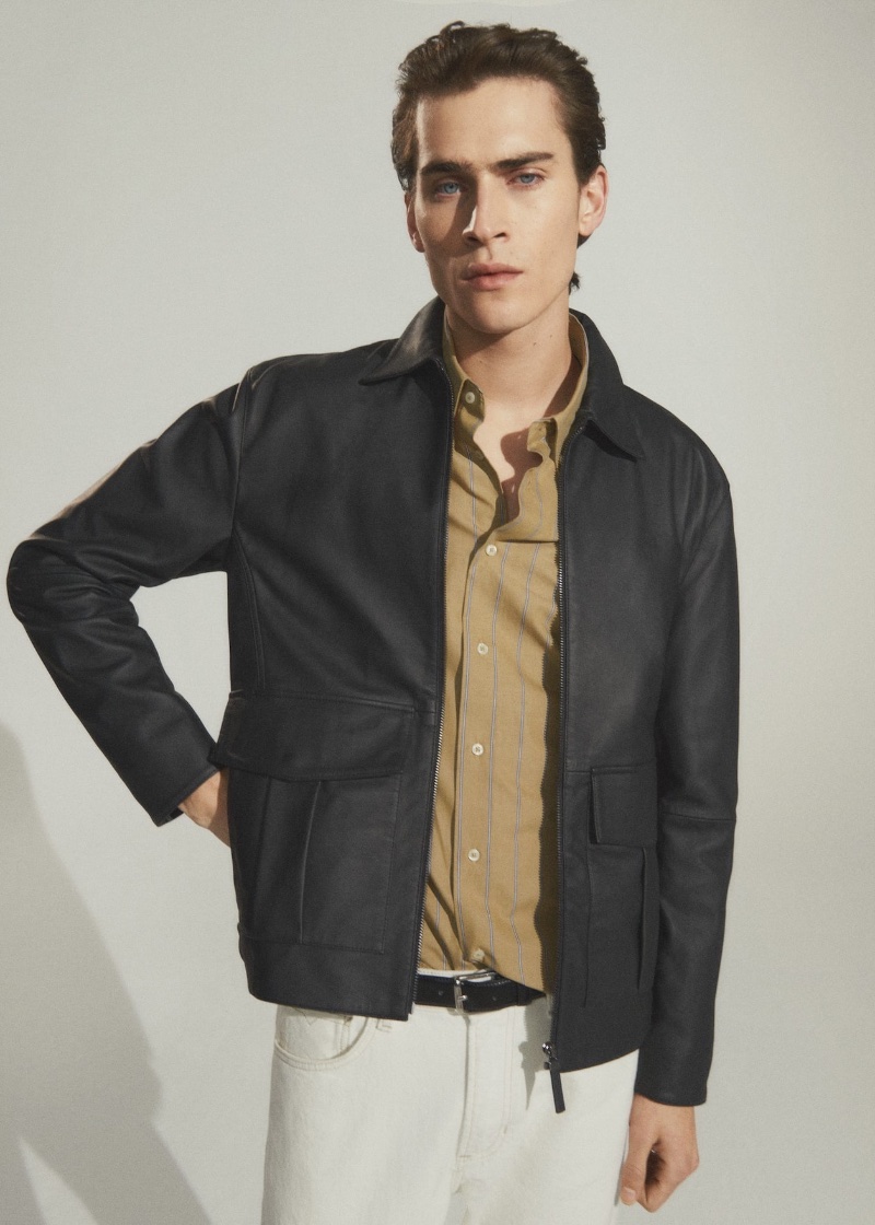 Mango Man Pocket Leather Jacket Liam Kelly Model