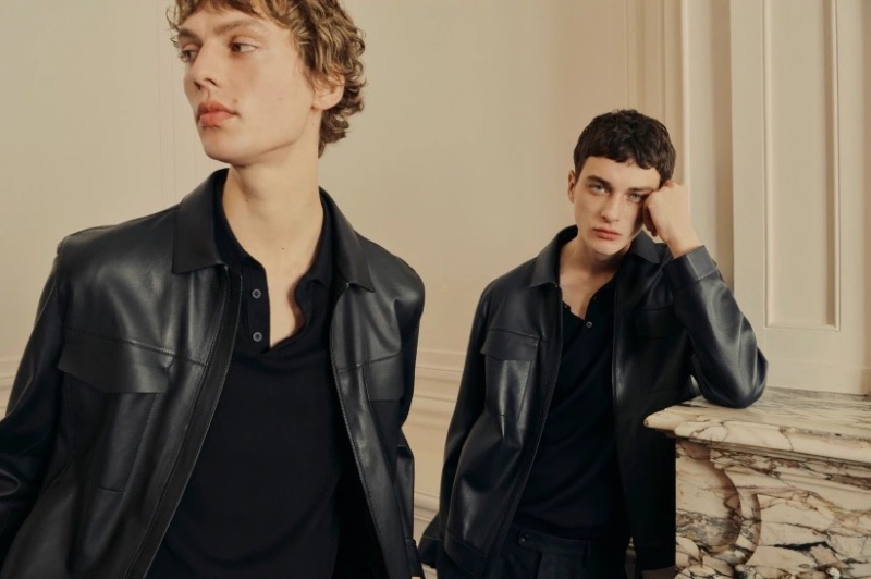 Models Leon Dame and Viktor Krohm sport leather jackets from Massimo Dutti's spring-summer 2023 Limited Edition collection.