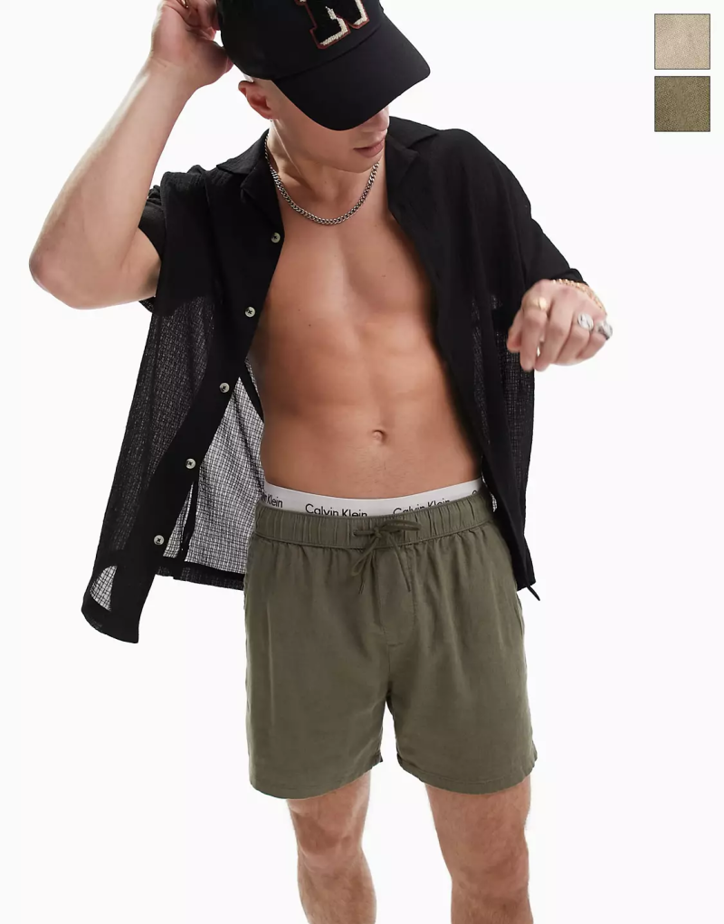 Asos Design 2 Pack Slim Linen Shorts In Khaki And Beige e1680348359649 Asos Design 2 Pack Slim Linen Shorts In Khaki And Beige