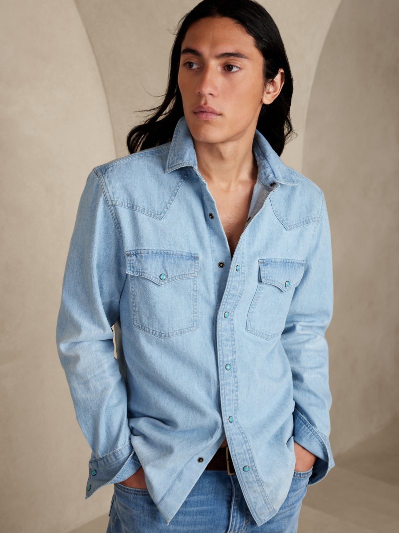 Regular Fit Blue Printed Denim Shirt For Men – Peplos Jeans-sonthuy.vn