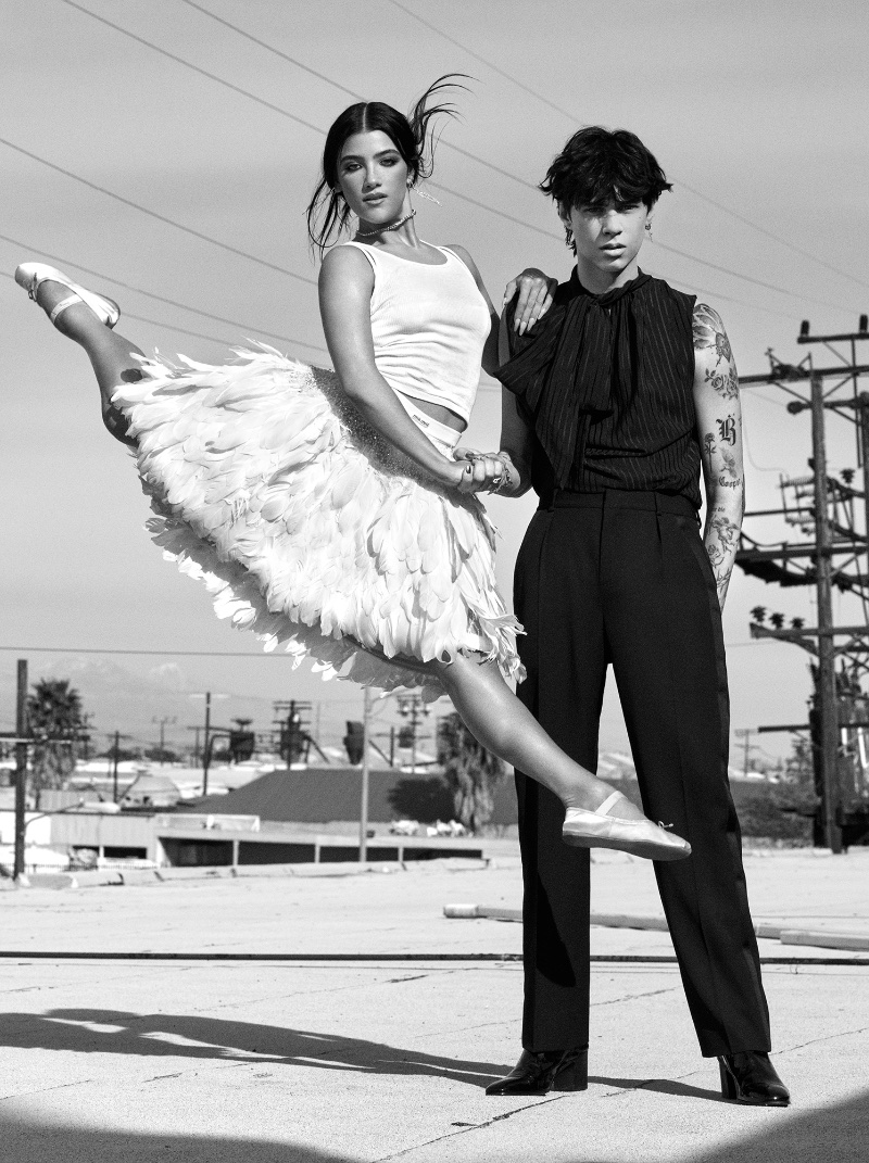 Posing outdoors with Charli D'Amelio, Landon Barker sports Saint Laurent.