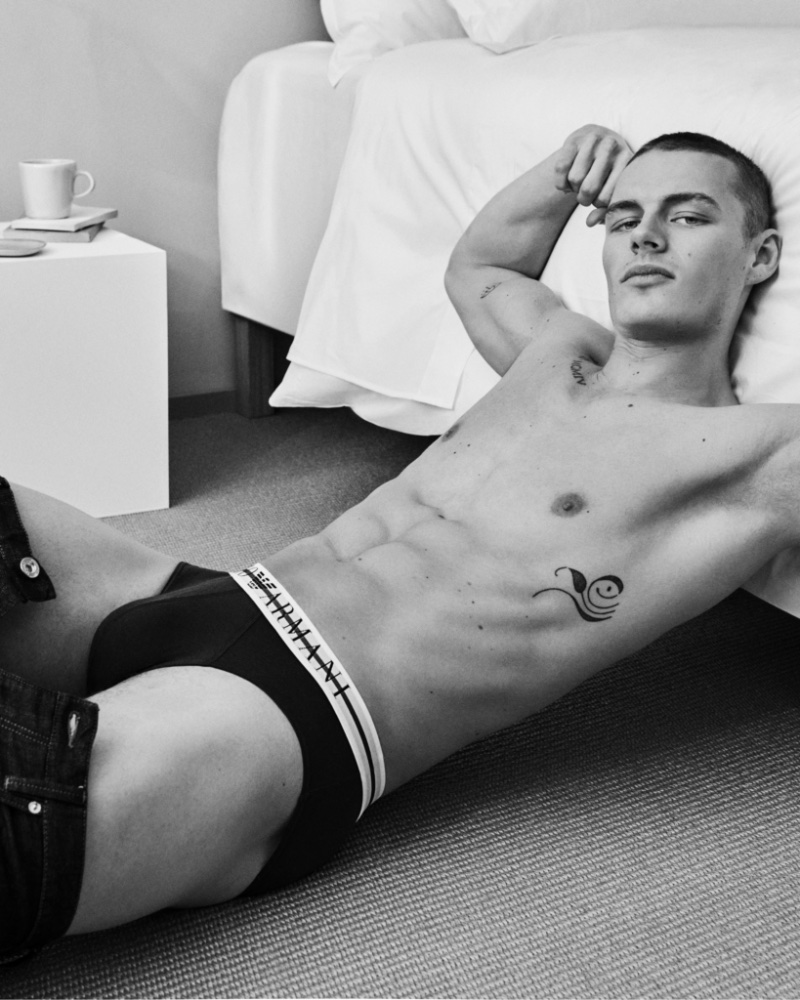 Emporio Armani enlists Finley Prentice as the star of its spring-summer 2023 underwear campaign. 