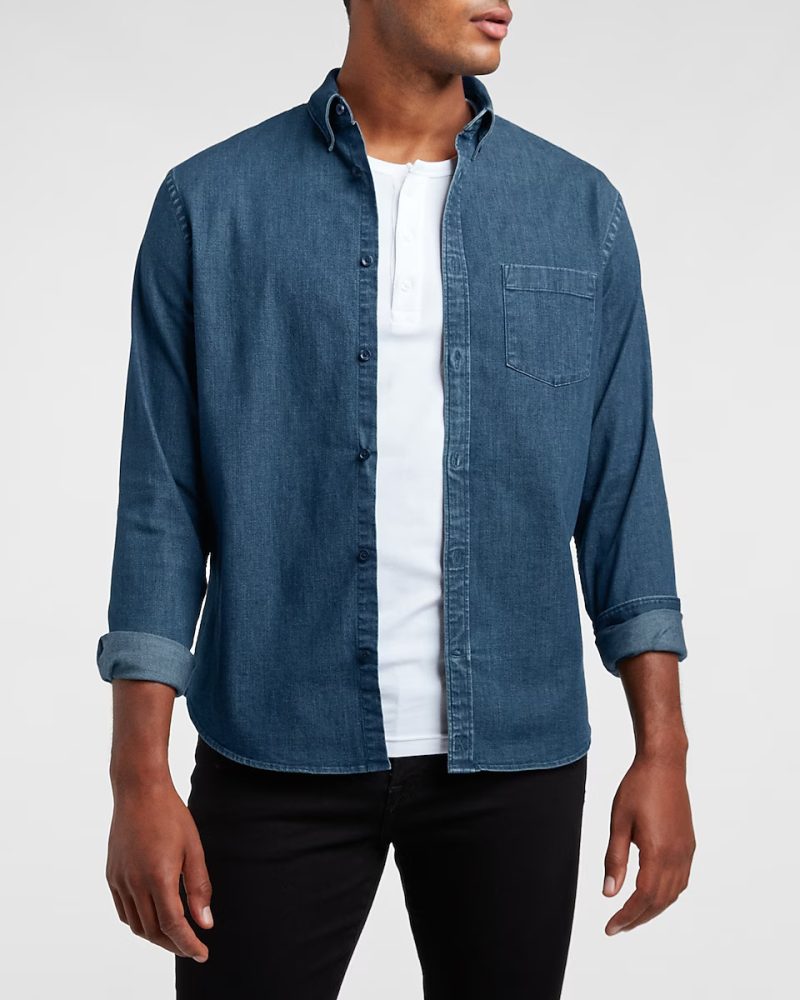 Express Dark Wash Hyper Stretch Denim Shirt e1680625024197