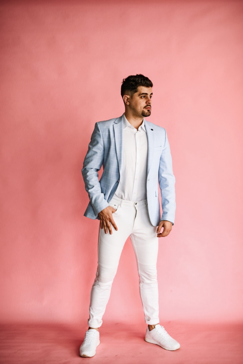 Fashion Shoot Model All White Gray Sport Coat Pink Background