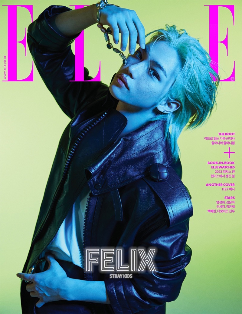 Felix rocks a Louis Vuitton leather jacket for the May 2023 cover of Elle Korea. 