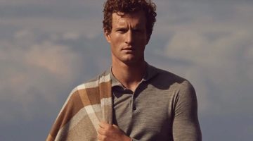 In front and center, Bas Tijhof models a Johnstons of Elgin merino wool long-sleeve polo.