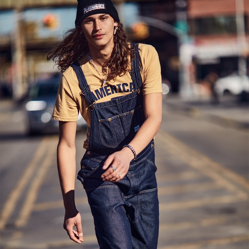 Rocking overalls, Hudson Primo fronts Lee's spring 2023 campaign.