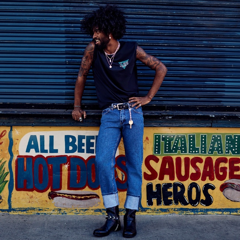A cool vision in cuffed jeans, Carl Aikens fronts Lee's spring 2023 campaign.