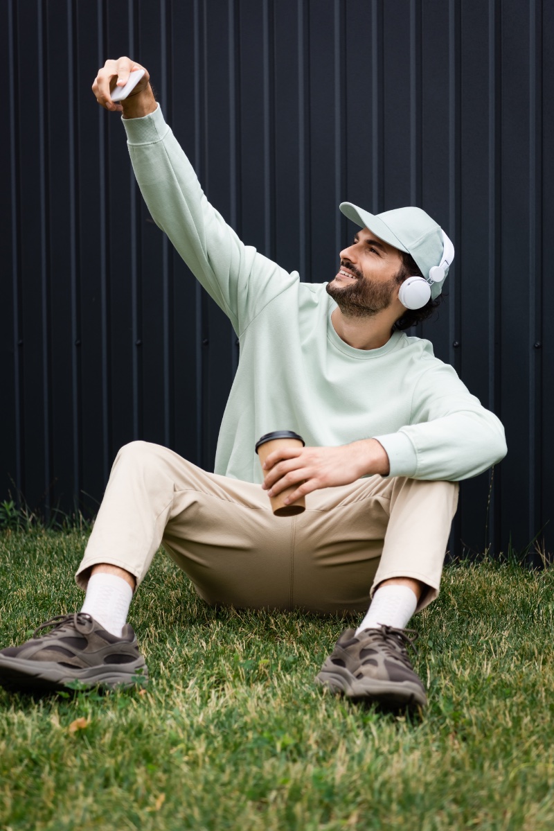 Man Baseball Cap Matching Sweatshirt Selfie