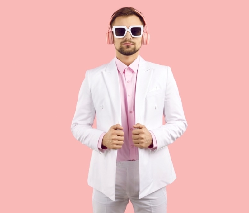 Man Wearing White Suit Pink Shirt