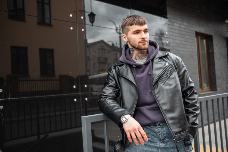 Man with Neck Tattoo Leather Jacket