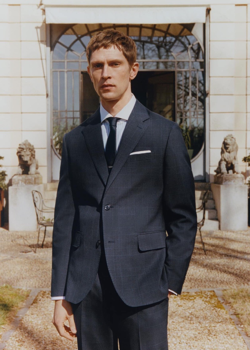 A dashing vision, Mathias Lauridsen models a slim-fit virgin wool suit.