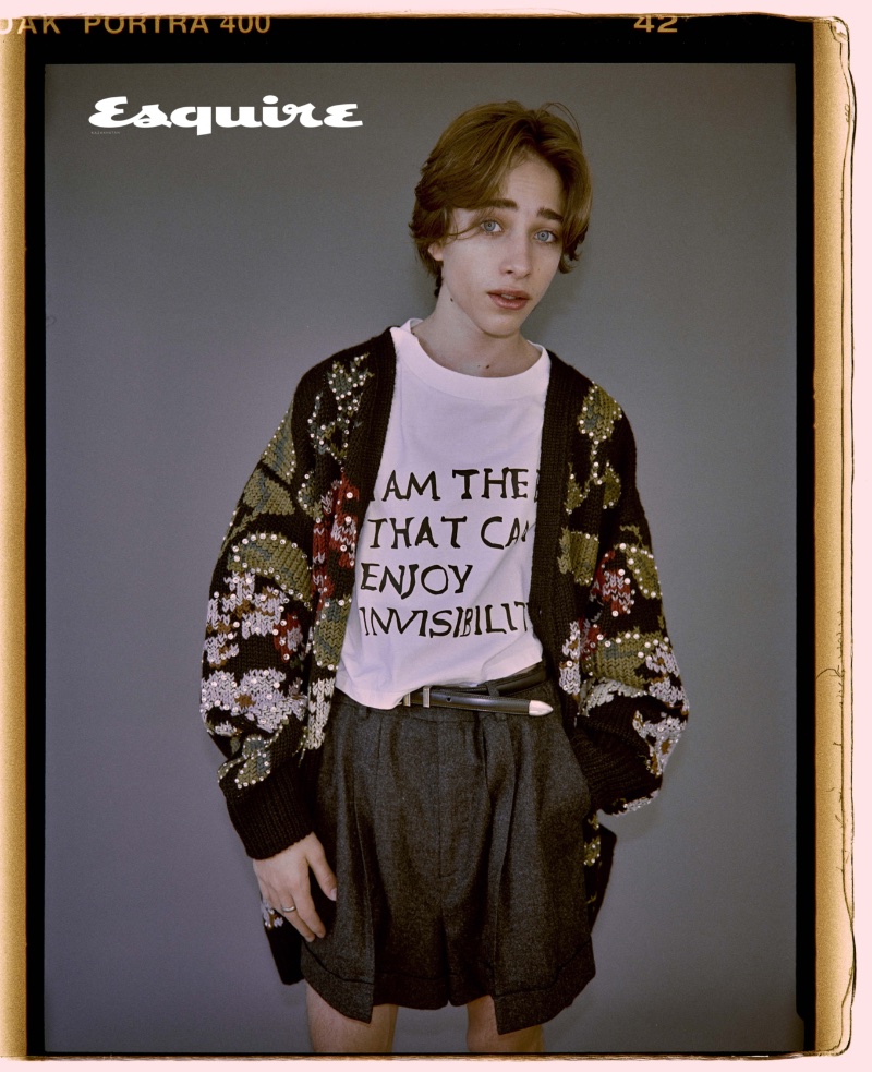 In front and center, Raphael Luce dons a Celine Homme cardigan, t-shirt, shorts, and belt with a Tiffany & Co. ring. » Raphael Luce Brings His Fashion A-Game for Esquire Kazakhstan In front and center, Raphael Luce dons a Celine Homme cardigan, t-shirt, shorts, and belt with a Tiffany & Co. ring.