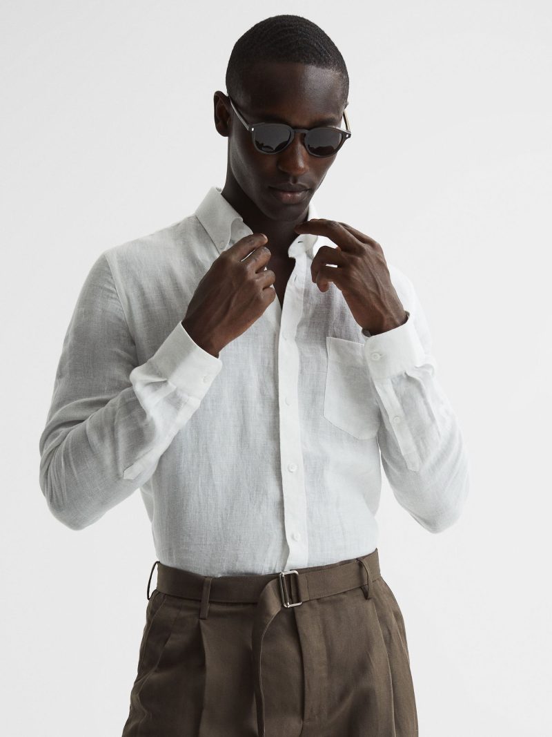 Reiss Queens Slim Fit Linen Oxford Shirt White Linen Outfit » Men's White Linen Outfit Inspiration: Summer Chic Reiss Queens Slim Fit Linen Oxford Shirt White Linen Outfit