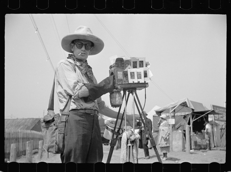 Tin-type photographer Carl Mydans at the Morrisville, Vermont fair circa August 1936.