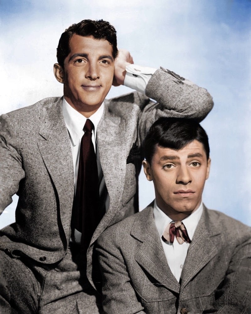 Dynamic duo Dean Martin and Jerry Lewis appear in a colorized portrait circa 1950.