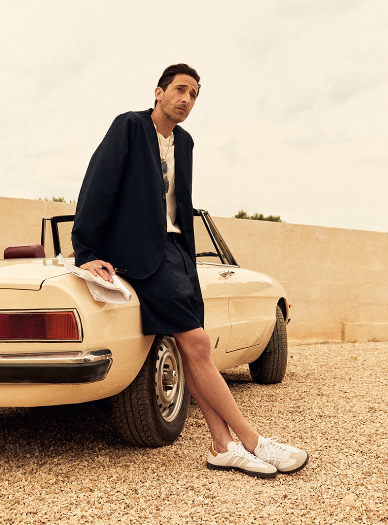 Adrien Brody wears a short suit for Kith's summer 2023 campaign.