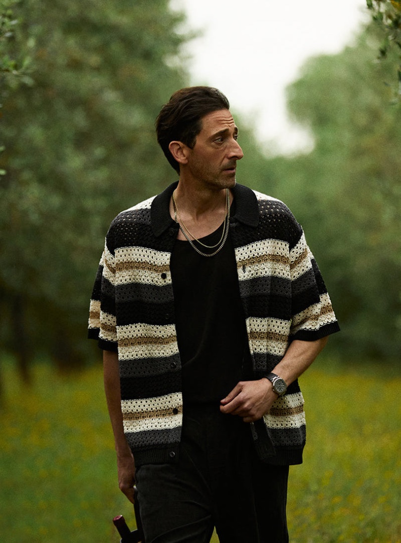 Reflecting the current trends, Adrien Brody sports a crochet shirt for Kith's summer 2023 campaign.