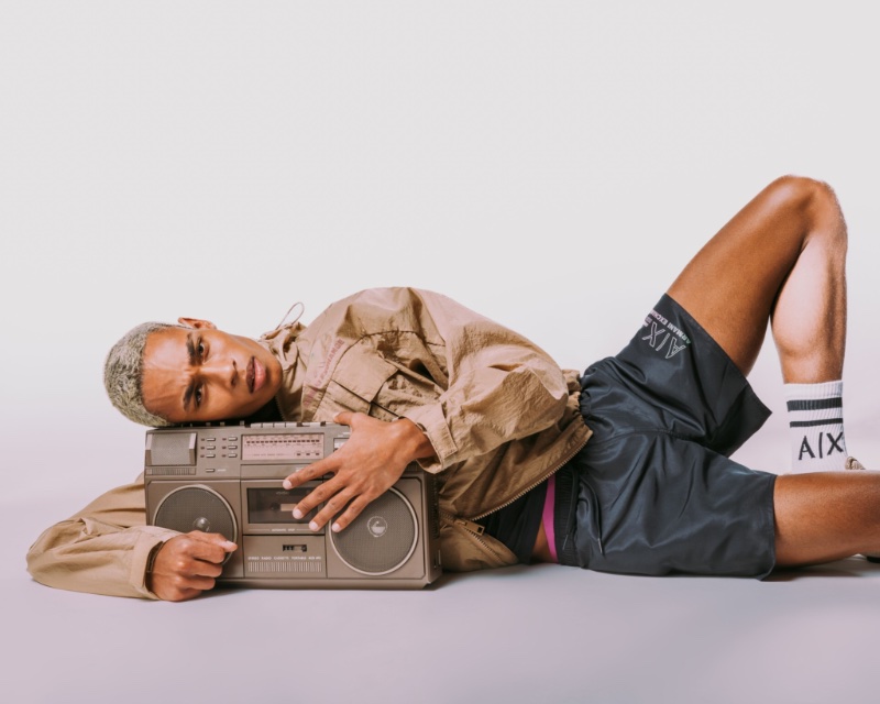 Anton Omondi models a sporty look from Armani Exchange's summer 2023 collection.