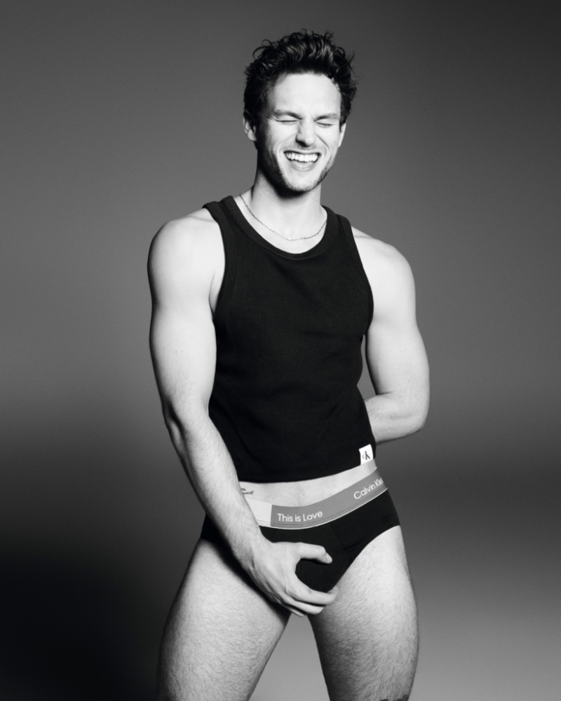 Brandon Flynn dons a black tank and underwear for Calvin Klein's 2023 Pride campaign.
