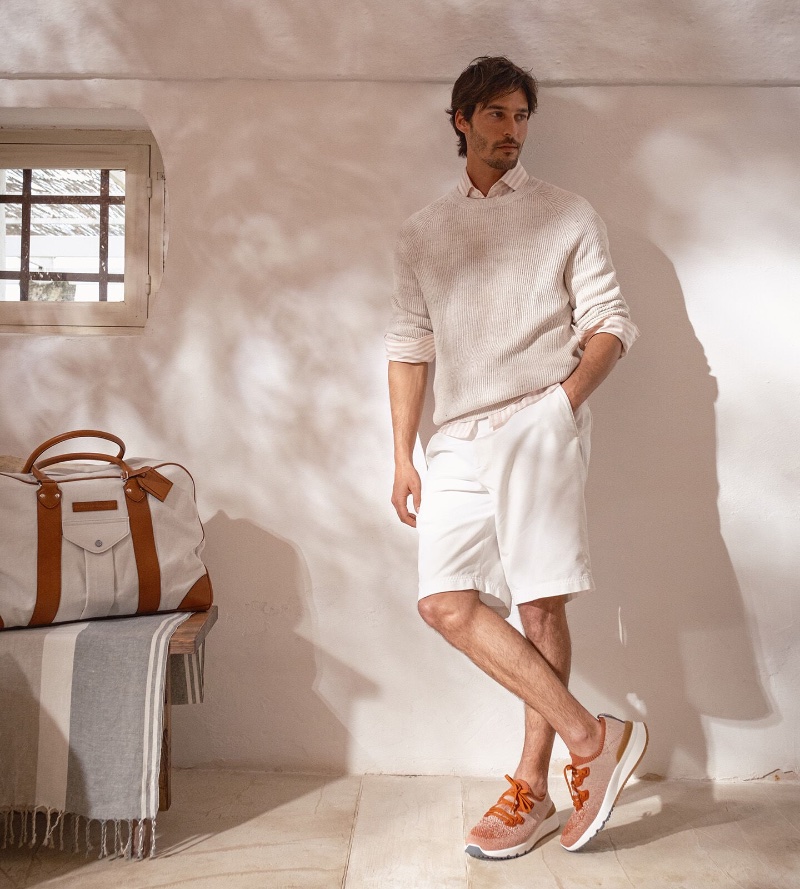 Neutral Color Outfits for Men: Brunello Cucinelli masters earthy tones with a spring-summer look, finished with its cotton chiné knit runners in orange.