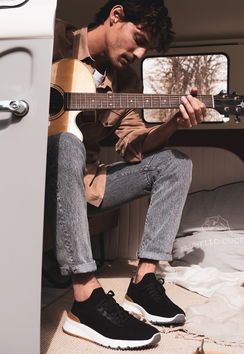 For everyday style, you can't go wrong with Brunello Cucinelli's cotton knit and semi-polished calfskin runners in black.