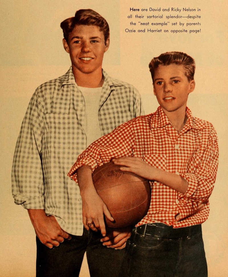 David and Ricky Nelson wears gingham shirts with denim jeans.