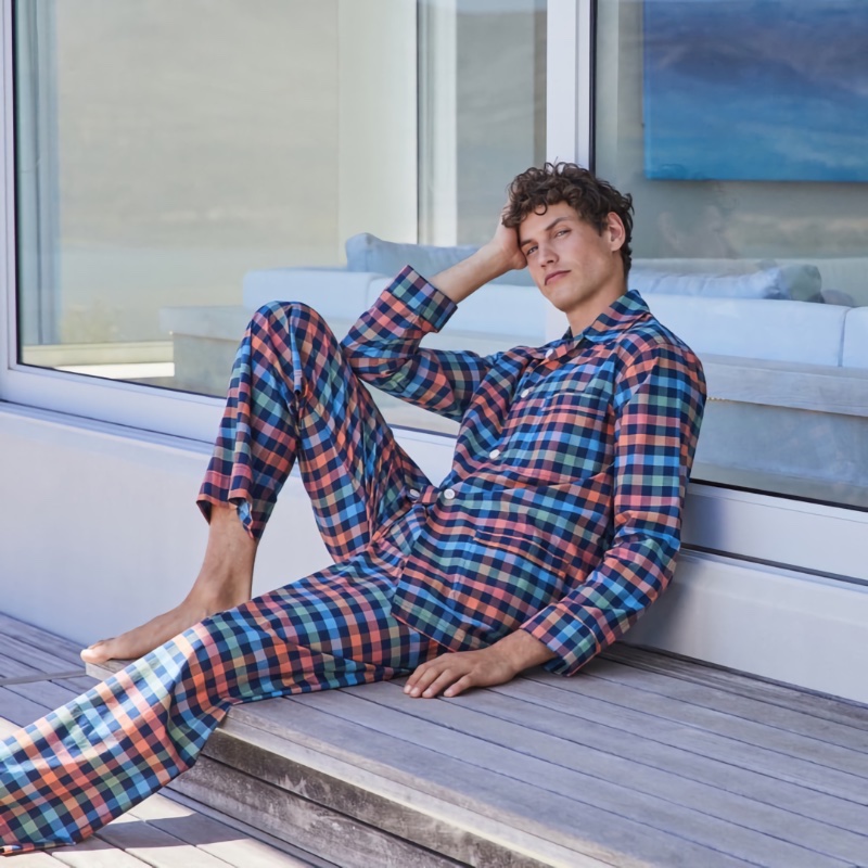 Lounge in leisure and make a check statement in Derek Rose's men's classic fit pajamas $315 in Barker 34 Cotton Multi.