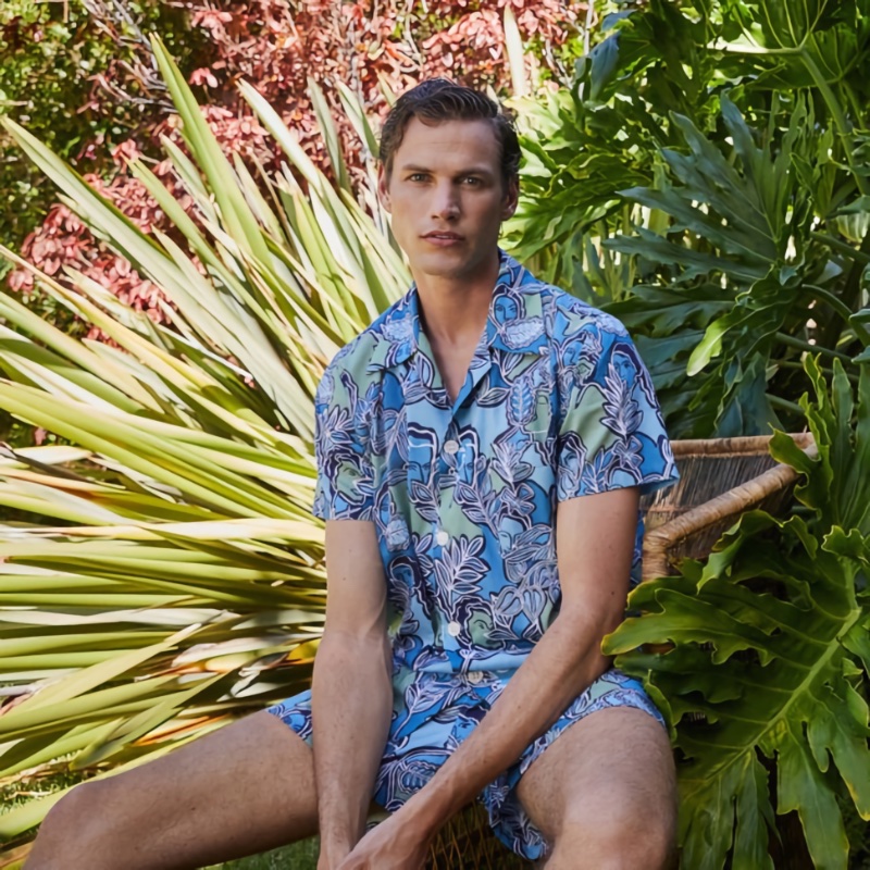 Paul Hupfer models Derek Rose's men's short pajamas $265 in Ledbury 57 Cotton Batiste Multi.