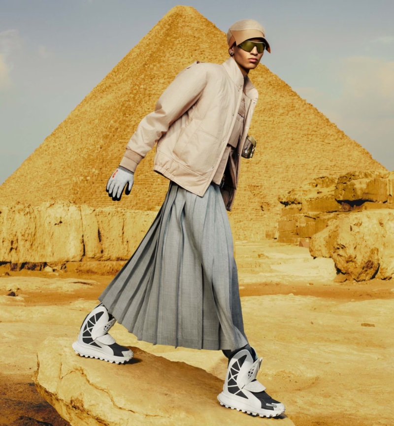 Hazem Aly rocks a long kilt for Dior Men's fall 2023 campaign.