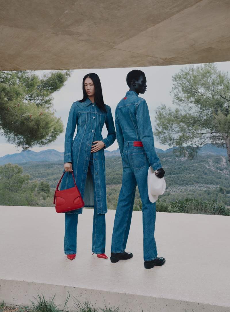 Sijia Kang and Mamuor Majeng rock double denim for Ferragamo's pre-fall 2023 campaign. 