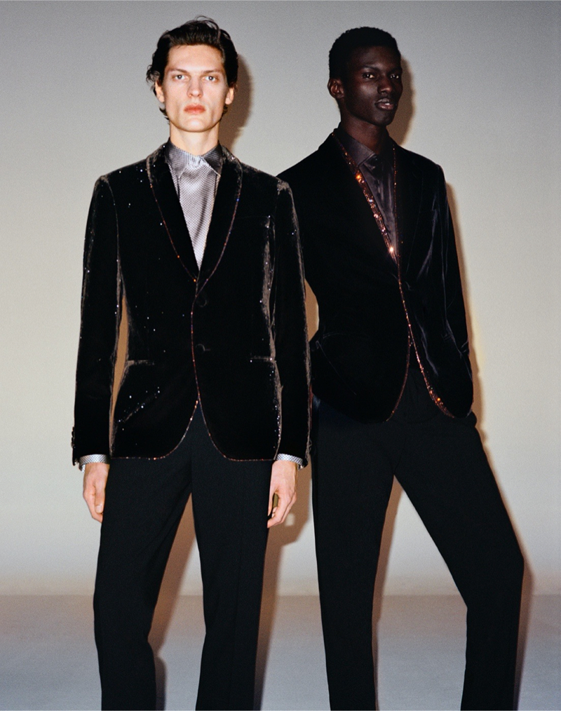 Models Valentin Caron and Momo Ndiaye don Giorgio Armani's new Los Angeles Evening collection.