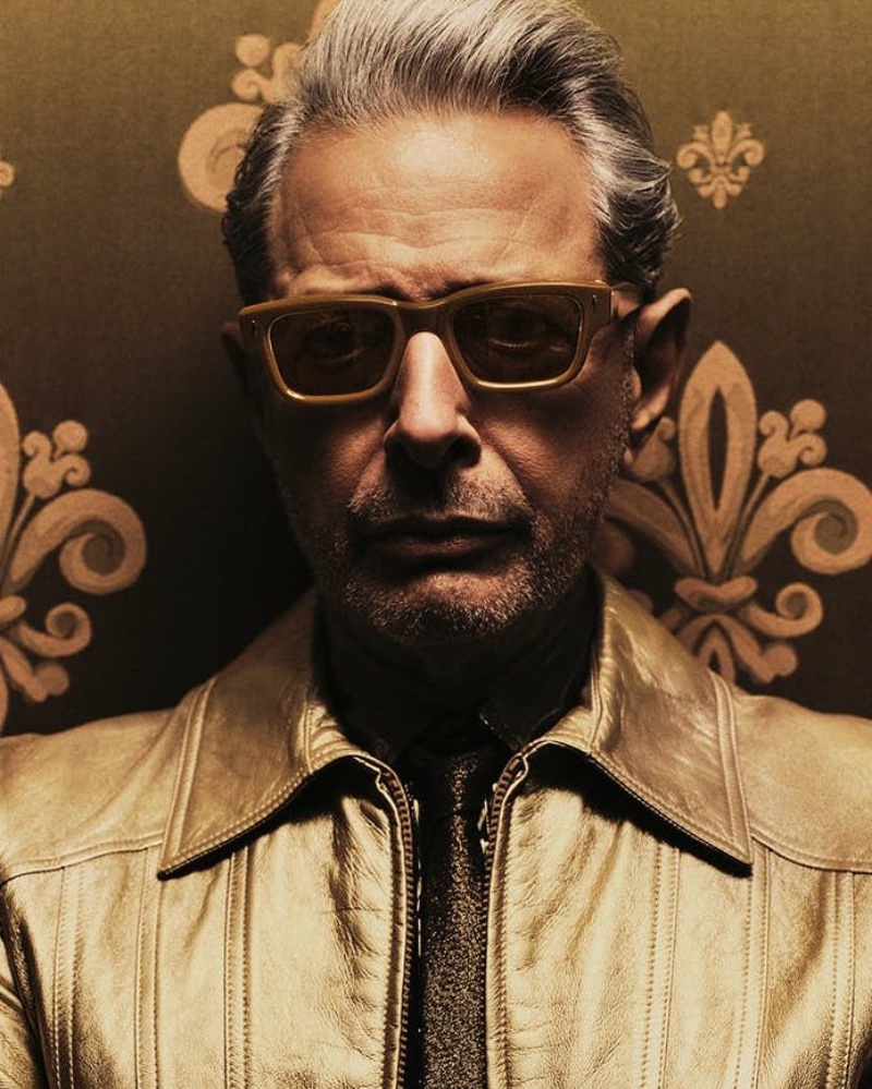 Making a rich statement, Jeff Goldblum wears gold JEFF sunglasses by Jacques Marie Mage. 