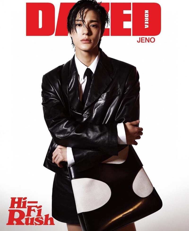 Bold in leather, Jeno Lee rocks Ferragamo for the cover of Dazed Korea.