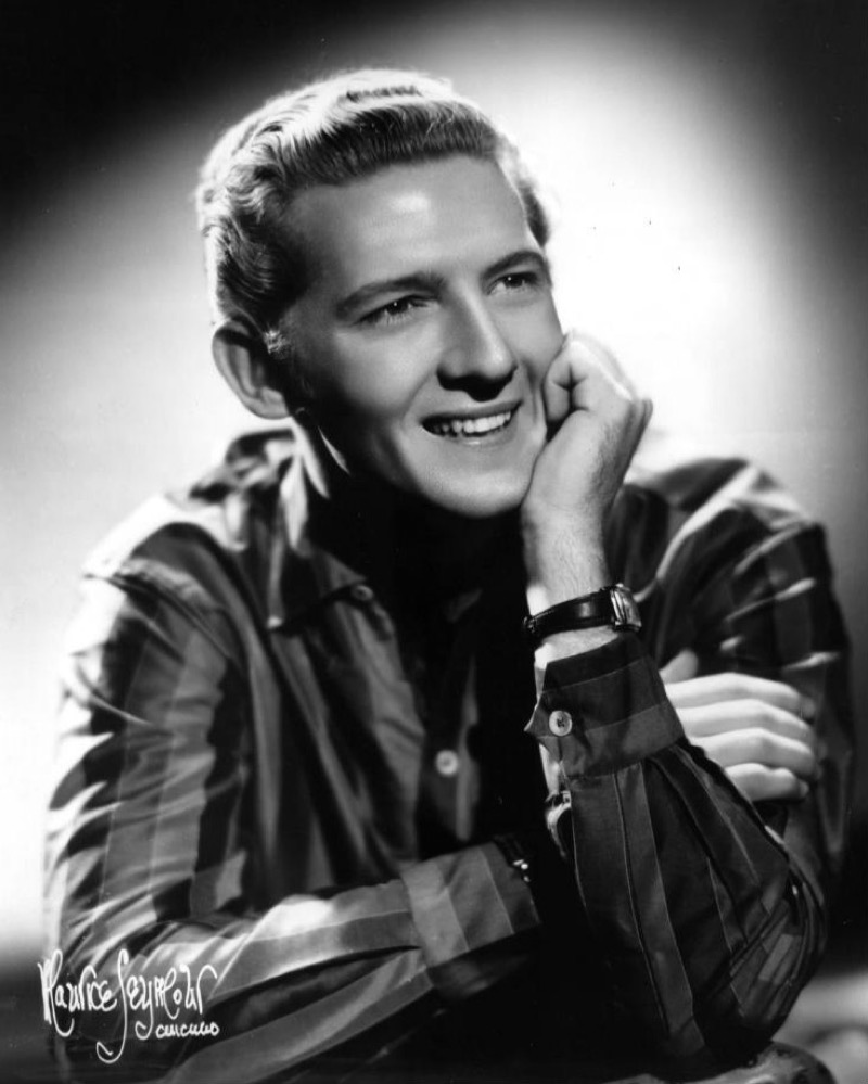 Jerry Lee Lewis wears a 1950s striped dress shirt with French cuffs.